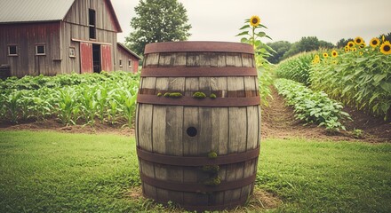 Naklejka premium a wooden classic barrel in barn put on the hay in a barn in a rural farm feild