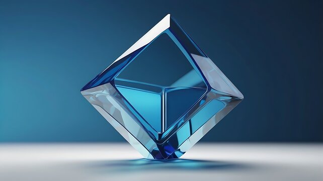 A captivating blue crystal diamond shape stands elegantly, reflecting light and showcasing its geometric design against a serene backdrop