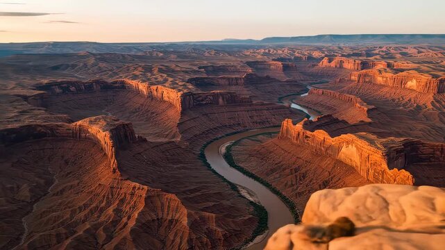 Sweeping vista of canyons carved by a river at sunset, offering an awe inspiring perspective on nature's artistry and geologic timescale.