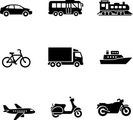 Fototapeta premium Vehicle icons display a diverse set of transportation modes for graphic design, transparent background