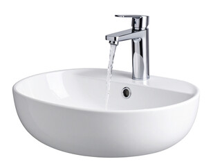 Sink with Water Running from Faucet, Close-Up View, Isolated on Transparent Background