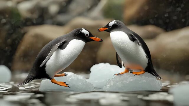 Two Penguins on Ice Floes in Water