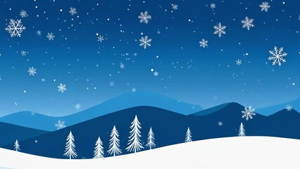 Peaceful winter night landscape with snow-covered rolling hills and soft falling snowflakes under dark blue starry sky - Powered by Adobe