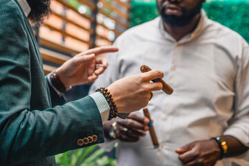Two business people engaging in a cigar-accompanied discussion