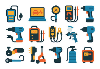 Garage technology and tools modern flat style. diagnostic scanner, laptop, tire pressure gauge, multimeter, electric drill, welding machine, battery tester, spray gun
