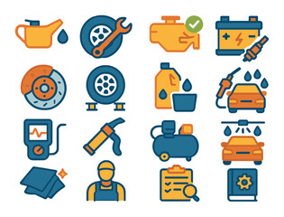 Garage maintenance and repair modern flat style. oil change, tire change, engine tuning, battery replacement, brake repair, wheel alignment, fluid refill, spark plug