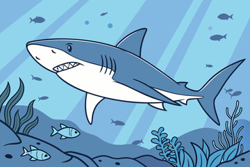 Naklejka premium Blue shark swims in clear blue ocean water with fish
