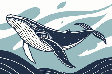 Obraz premium Blue whale swimming through stylized ocean waves humpback whale