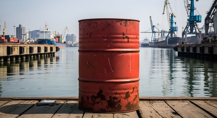 full petroleum oil barrels for trucks and mobil cars on the harbor	