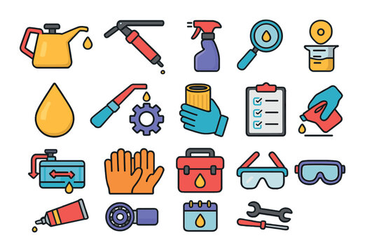 Lubrication processes and maintenance modern flat style. oiling, greasing, cleaning, inspection, dripping oil, applying grease, replacing oil filter, measuring viscosity