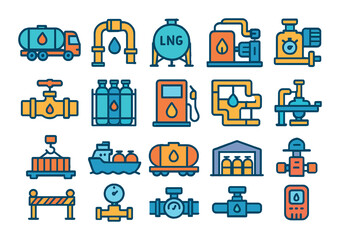 Gas transportation and storage modern flat style. gas tanker truck, gas pipeline, LNG storage tank, gas compressor, valve control, gas cylinder rack, filling station