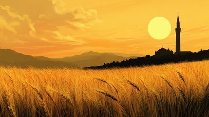 Golden wheat field at sunset with a silhouette of a city.