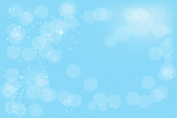 Blue background with falling snowflakes, bokeh effect, glowing dots, and glitter. Frosty snow effect on a blue background. Vector illustration. Abstract bright white flickering lights and snowflakes. 