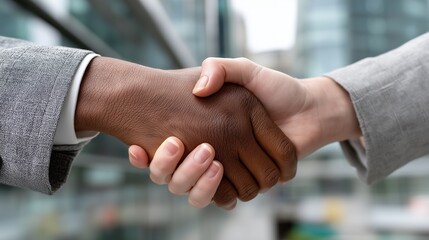 Diverse business professionals handshake with modern office background. AI generated.