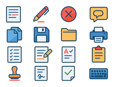 Document and manuscript revision modern flat style. draft paper, red pen, delete icon, comment bubble, version control, save icon, file folder, printer, checklist