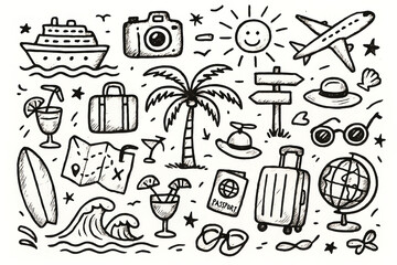 Travel doodles including vacations, palm trees, and summer symbols  