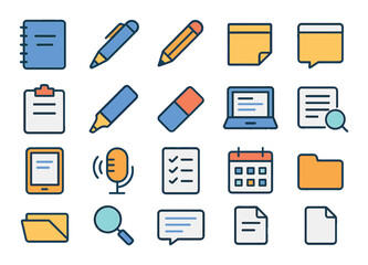 Note-taking tools and apps modern flat style. notebook, pen, pencil, sticky note, clipboard, highlighter, eraser, laptop, tablet, voice recorder, checklist, calendar