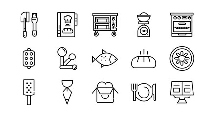 Bakery and sweets linear icon set. Dessert, food and drink, Chocolate, restaurant, pastry, muffin, food, fast food, happy birthday, cheesecake and cookies vector icon set. UI thin line icon pack