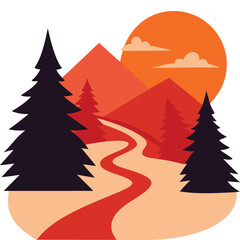 Obraz premium Vector art of a winding path leads through a mountain landscape at sunset isolated on white background