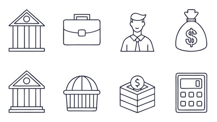 Financial icons bank briefcase man money bag savings calculator building business