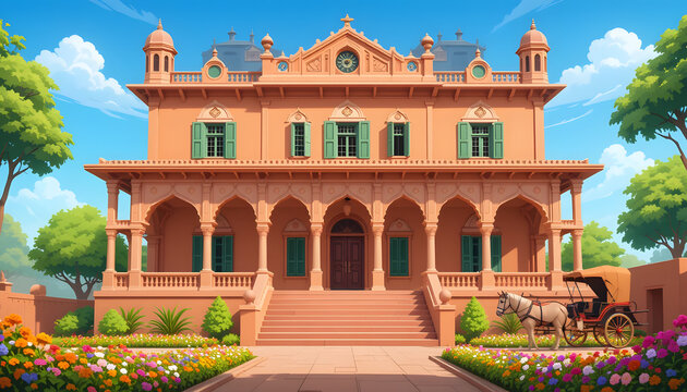 Colorful Indian Zamindar House Front View Cartoon Background