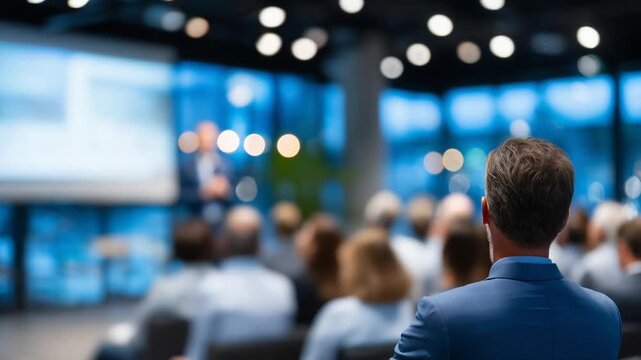 A dynamic corporate training session unfolds in a modern conference room, featuring a spotlighted speaker engaging an attentive professional audience.