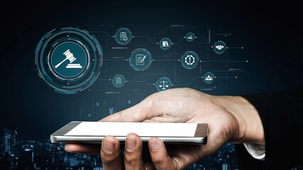 Futuristic digital law interface displaying justice scale, highlighting digital law, AI compliance,...