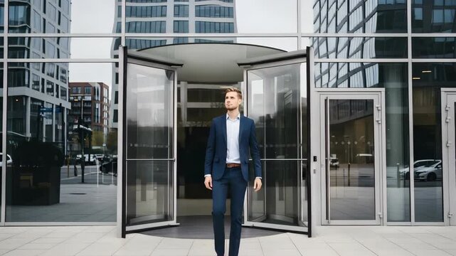 Confident Businessman in Blue Suit Walking Through Modern Office Building Entrance