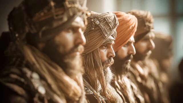 A striking photorealistic portrayal of Sikh soldiers in traditional attire, exuding strength and unity. The warm lighting enhances the solemn mood, reminiscent of historical valor and heritage.  