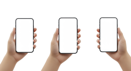 Three generic human hands with neutral skin tones precisely holding modern, sleek smartphones with blank white screens, one horizontal, two vertical, captured from a high angle against a seamless