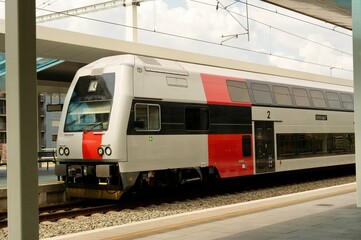 Fototapeta premium Red train. Train cabin. Fast train.