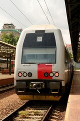 Red train. Train cabin. Fast train.