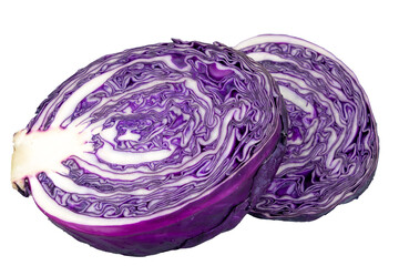 Fresh purple cabbage halves with intricate patterns. Isolated object.