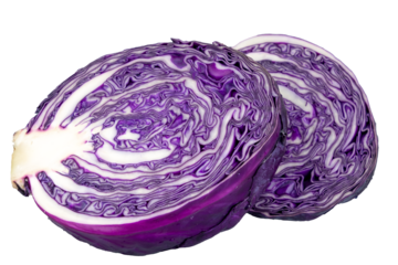 Fresh purple cabbage halves with intricate patterns. Isolated object.