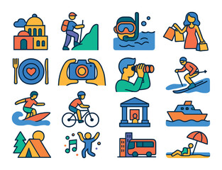 Travel activities modern flat style. sightseeing, hiking, snorkeling, shopping, dining, photography, wildlife watching, skiing, surfing, biking, museum visit, boat tour