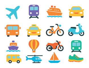 Travel transportation modern flat style. airplane, train, cruise ship, car rental, bus, taxi, bicycle, scooter, ferry, hot air balloon, motorcycle, subway, camper van