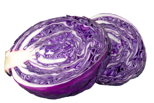 Fresh purple cabbage halves with intricate patterns. Isolated object.