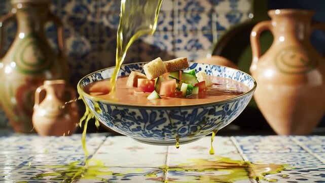 Gazpacho soup in a bowl with olive oil being poured on it