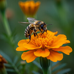 Pollen-Dusted Bee Buzzing Around a Vibrant Marigold Flower in Macro, 8k.