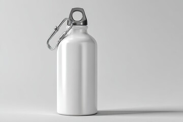 White aluminum water bottle with metal cap and carabiner
