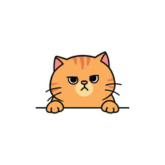 Cute grumpy orange cat peeking over a ledge, vector illustration