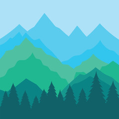 Fototapeta premium Vector art of a blue and green mountain range with a dense forest of trees
