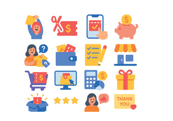 Coupon user experience modern flat style. happy shopper, coupon clipping, mobile checkout, saving money, comparison shopping, wallet with coupons, shopping list, store