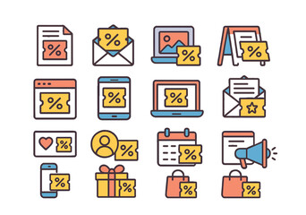 Coupon marketing and promotion modern flat style. flyer design, email campaign, social media post, in-store display, banner ad, newsletter, loyalty program, referral