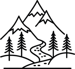 Obraz premium Vector art of a simple line art drawing of a mountain landscape with trees