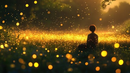A person sits in a field of fireflies at twilight.