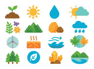 Environmental and natural advantages modern flat style. fertile soil, abundant sunlight, clean water, mild climate, rich biodiversity, protective terrain, natural