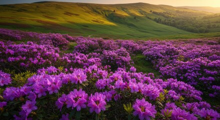 Serene Sunset: Vibrant Rhododendron Meadow in Rolling Green Hills