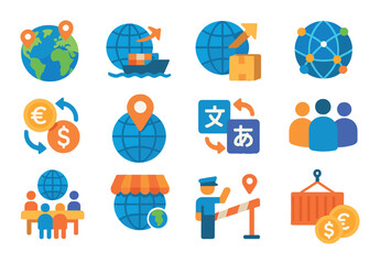 Market leader global presence modern flat style. world map with pins, international trade, export cargo, global network, currency exchange, localization icon, translation