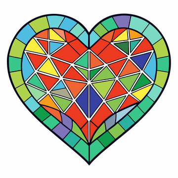 Colorful stained glass heart shape with geometric patterns isolated on white background
